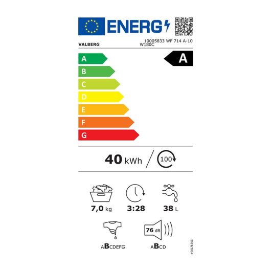 Lavadora carga frontal 7kg, 1400rpm,  clase A-10%, vapor,  VALBERG 