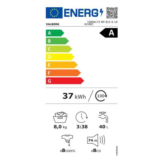 LAVADORA 8kg VALBERG 1400rpm consumo energético clase A-10% carga frontal WF 814 A-10 W180C