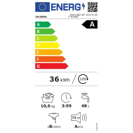 Lavadora carga frontal, 10kg, 1400rpm, clase A-30%, ideal para 5 personas,  VALBERG WF 1014 A-30 F W180C