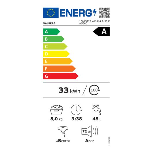 Lavadora 8kg, clase A-30%, motor inverter, blanca VALBERG WF 814 A-30 F W566C