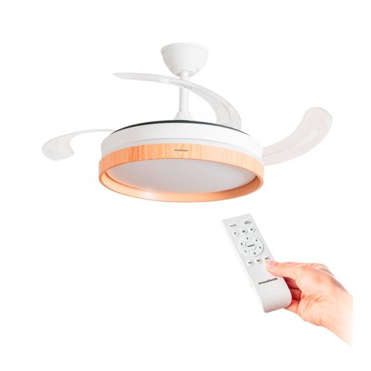 Ventilador de Techo con Luz LED y Aspas Retráctiles Motor DC Silencioso 6 Velocidades Innovagoods - color Madera y Blanco